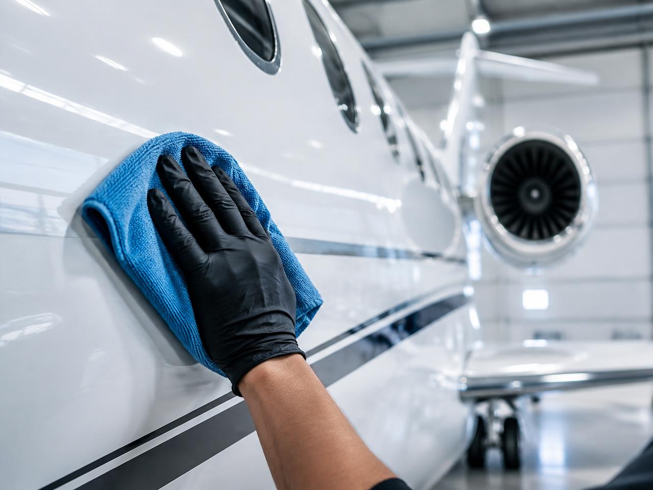 Detailer polishing a jet fuselage with microfiber