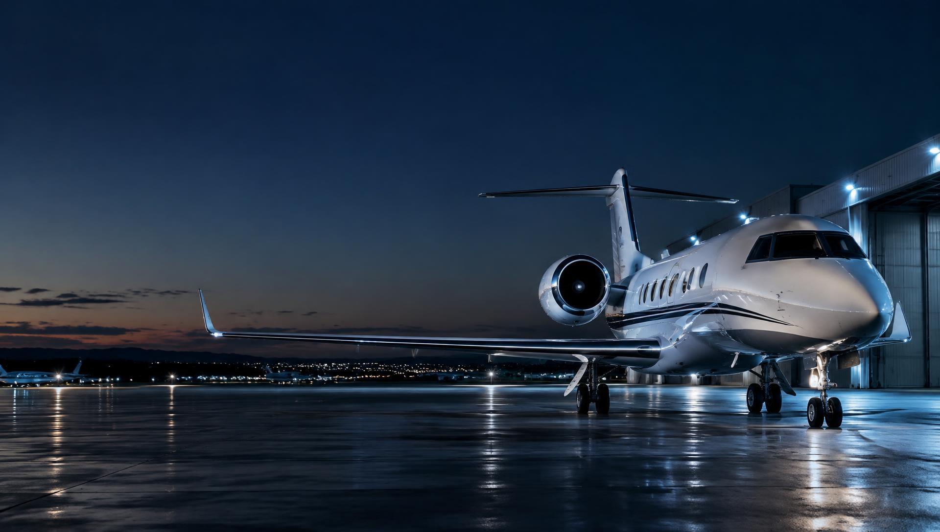 Private jet on the ramp at dusk